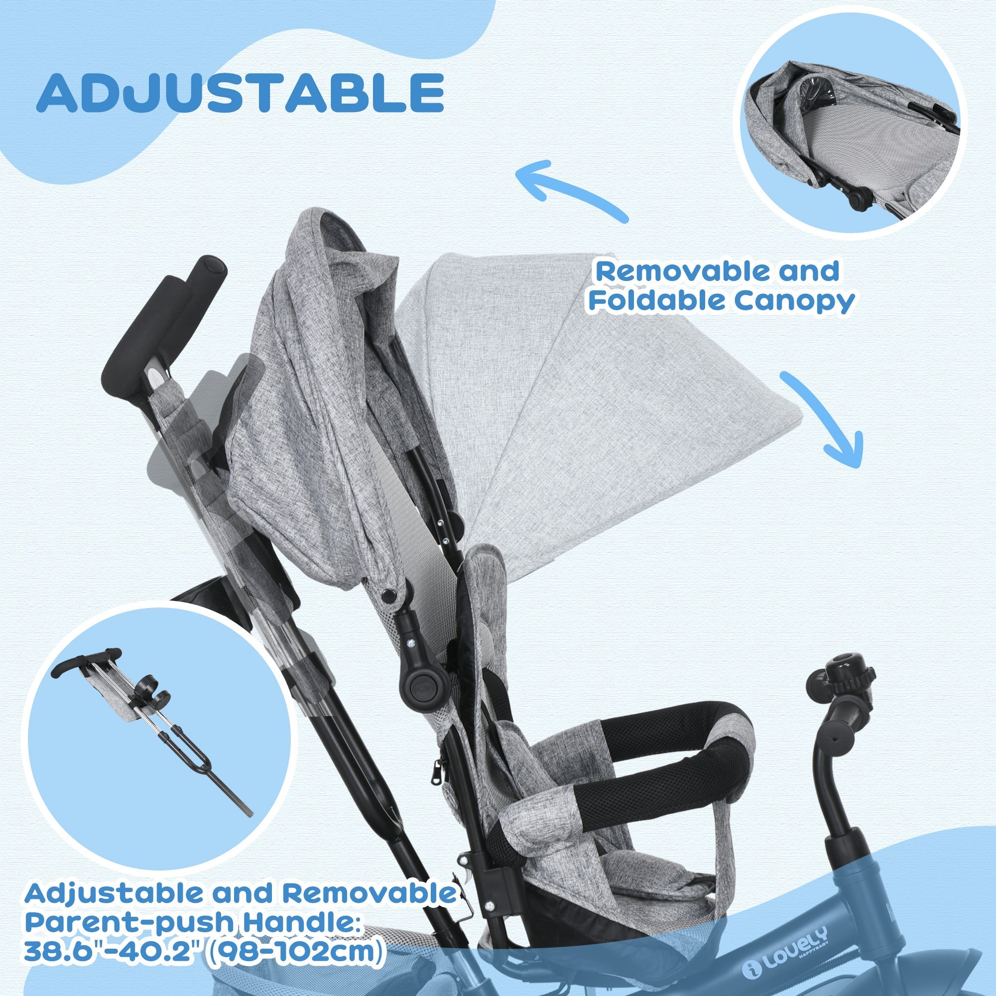 Qaba Convertible 4-in-1 Toddler Tricycle with Parent Handle for Kids 1-5 Years Outdoor Play Grey
