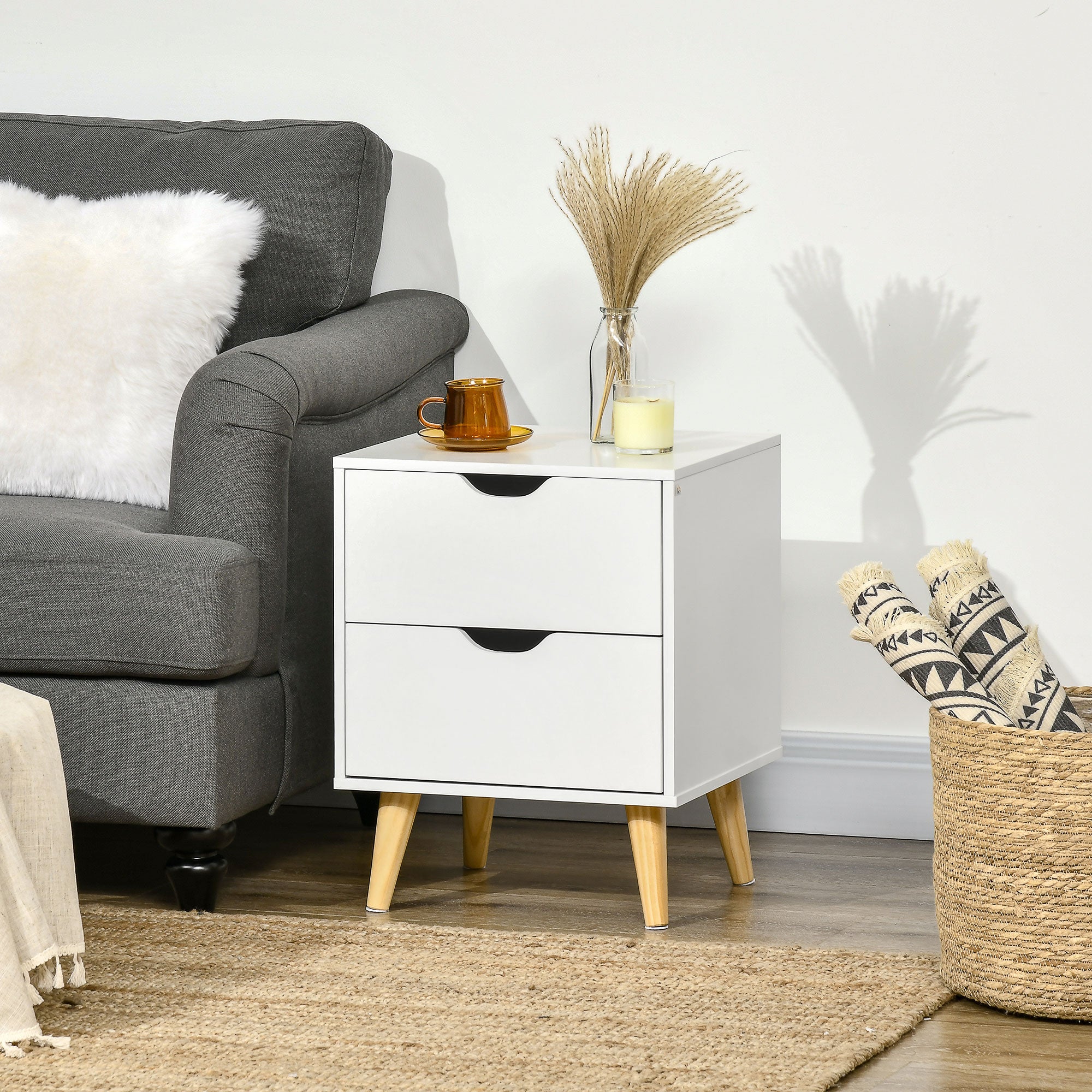 Jesse Nightstand with 2 Drawers and Pine Wood Legs-White