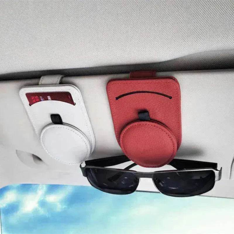 Car Sun Visor Glasses Holder Clip – Leather Eyeglasses & Card Holder for Car Visor