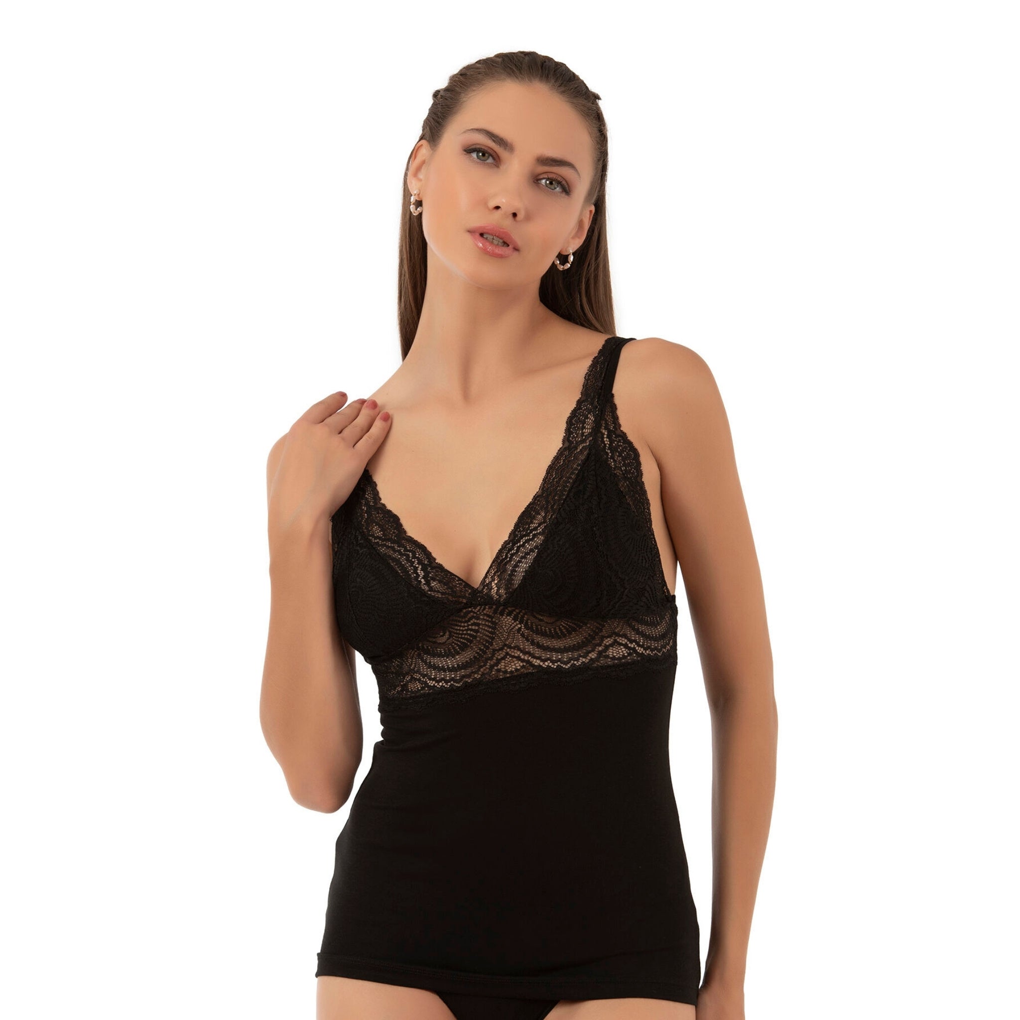 Women’s Lace Trim Cotton Modal Camisole with V-Neck and Wide Straps