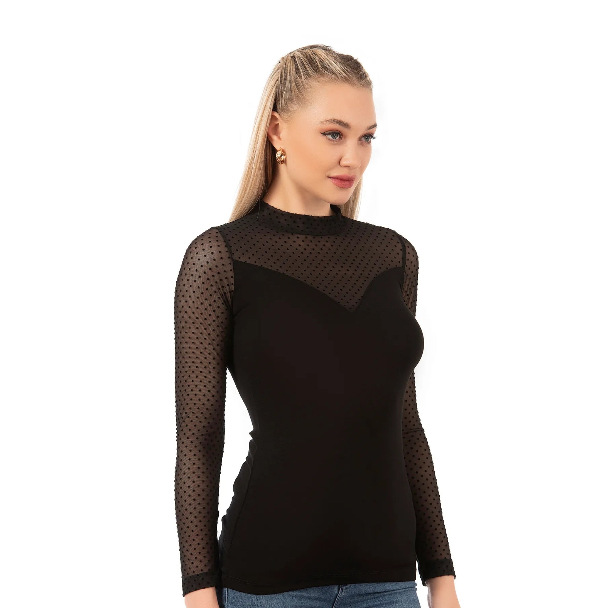 Women’s Long Sleeve Mesh Top with Polka Dot Detail