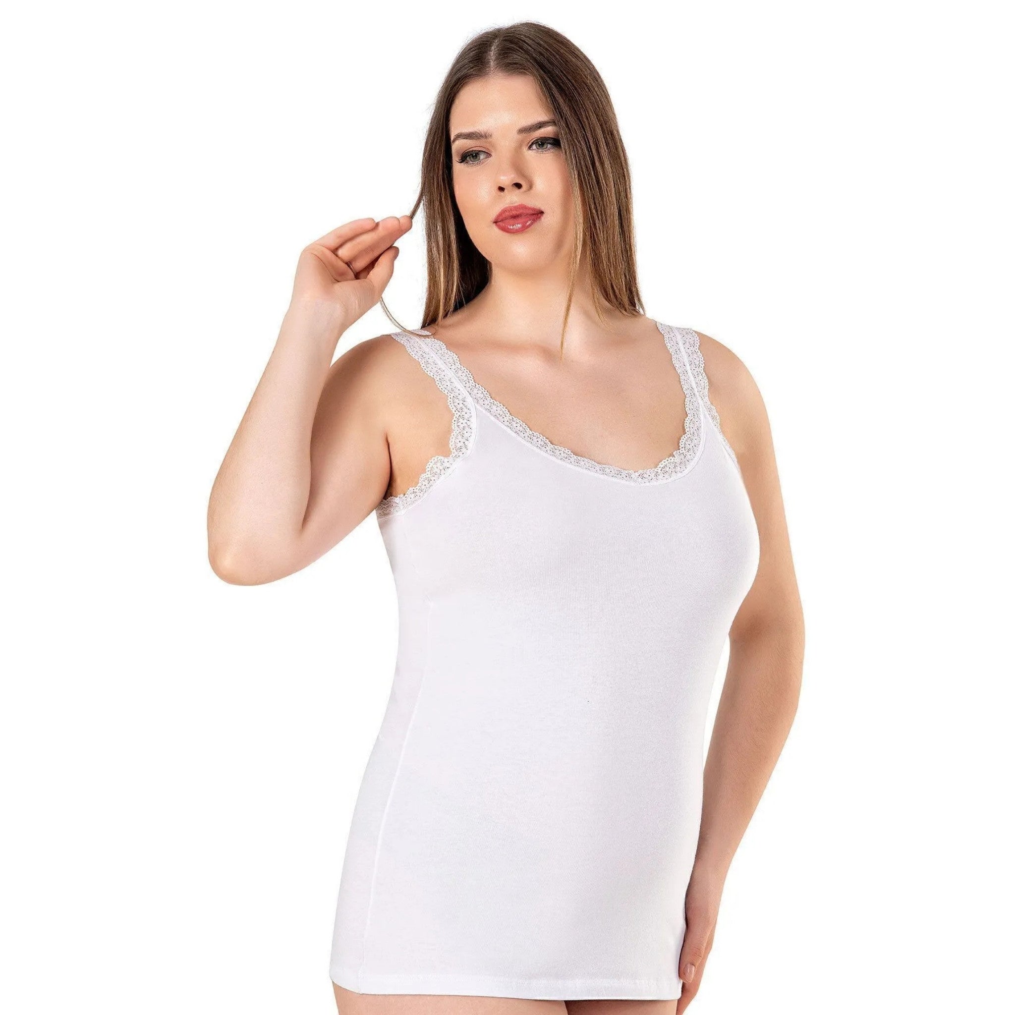 Plus Size Cotton Camisole with Lace Trim and Scoop Neck