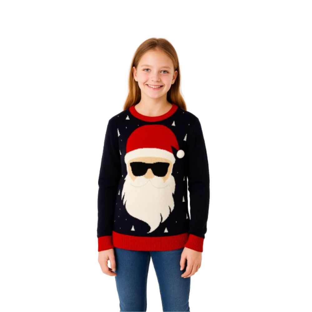 Pull-over pour fille, motif Père Noël avec lunettes de soleil et pompon.
