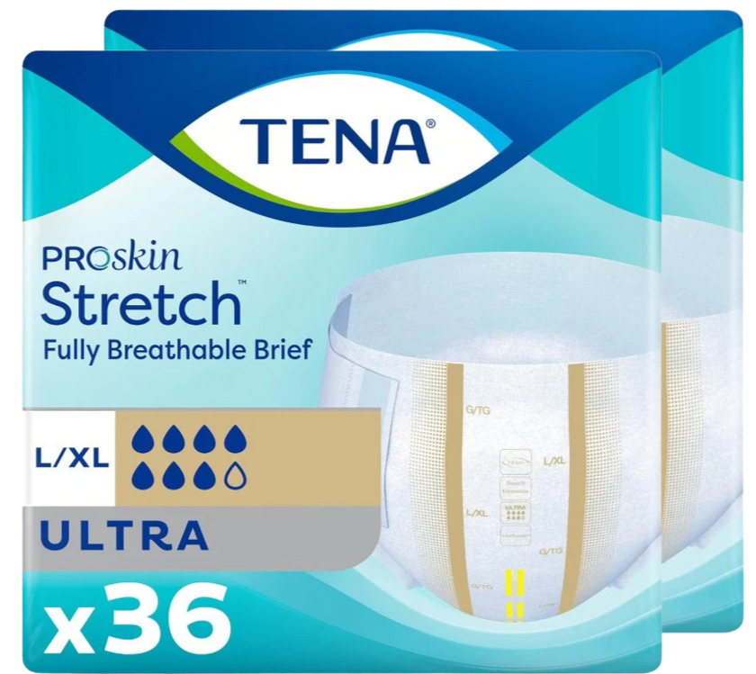 TENA Stretch Ultra Briefs | Large/XL | 2 Bags of 36 | 67803