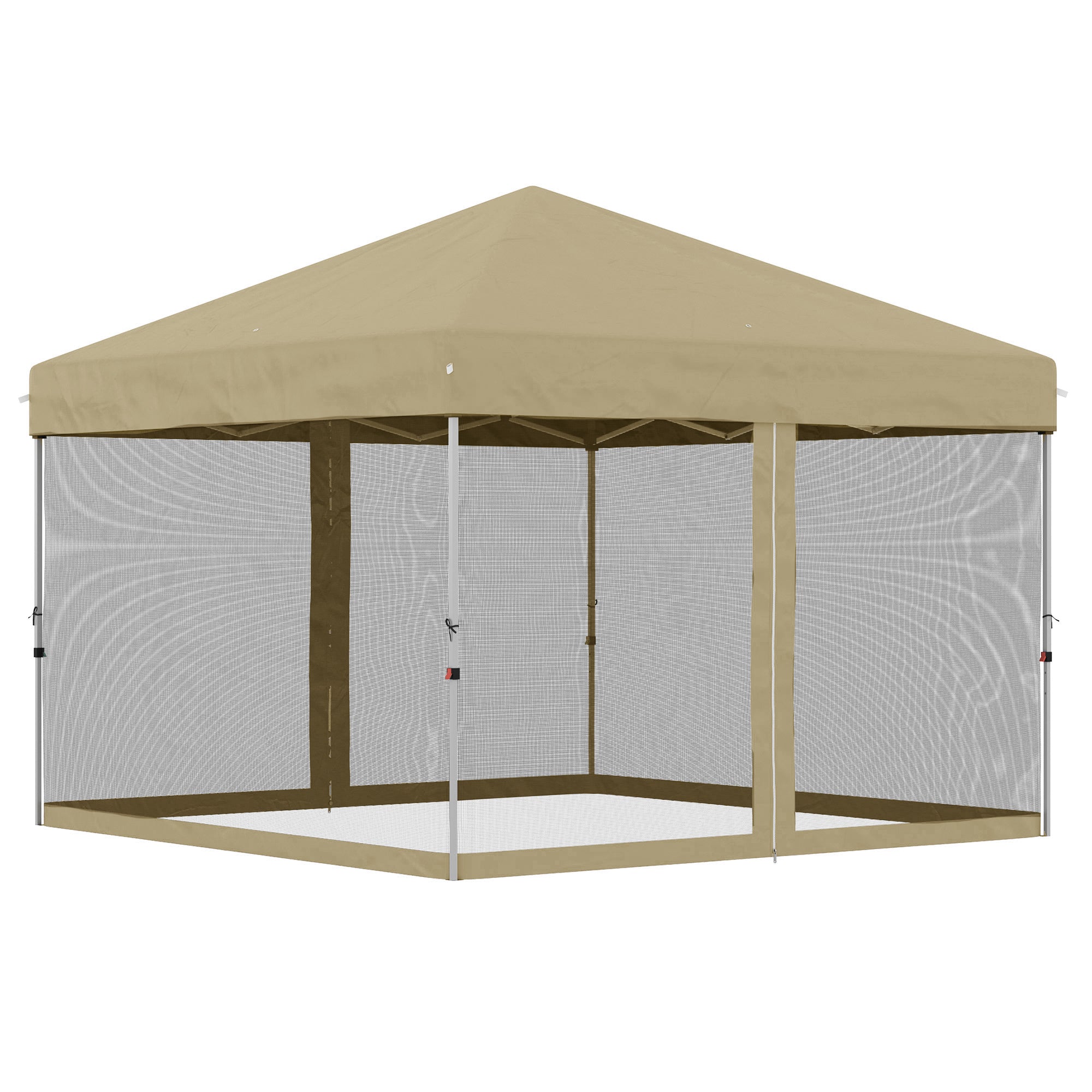 Outsunny 10' x 10' Pop-Up Party Tent Outdoor Canopy Tent with Mesh Sidewalls, 3-Level Adjustable Height, Roller Bag, Khaki