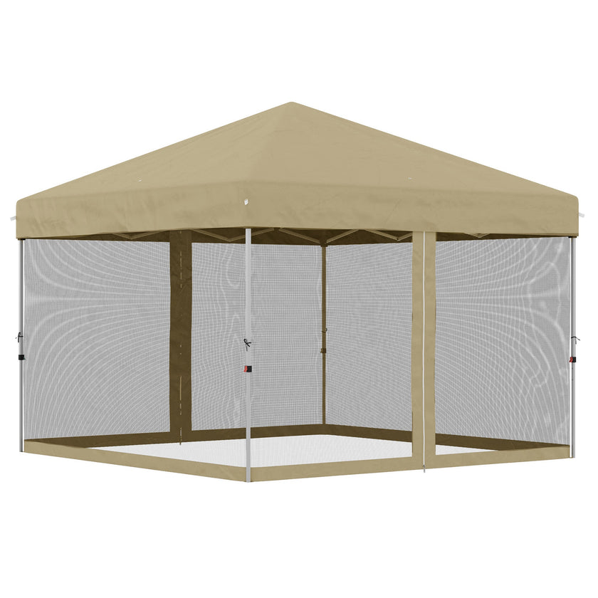 Outsunny 10' x 10' Pop-Up Party Tent Outdoor Canopy Tent with Mesh Sidewalls, 3-Level Adjustable Height, Roller Bag, Khaki