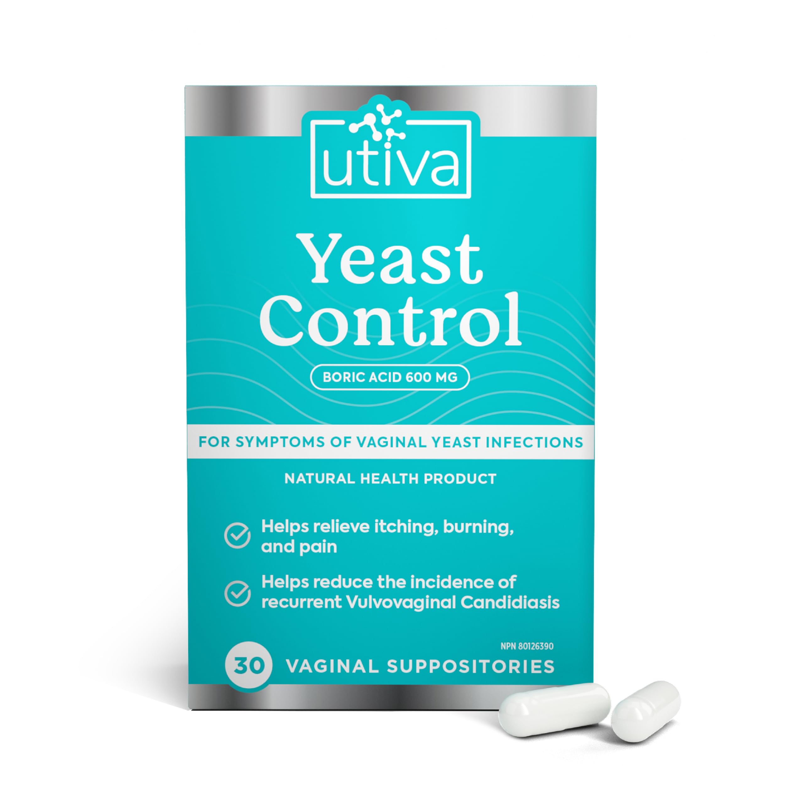 Utiva - Suppositoires vaginaux à l'acide borique pour le contrôle des mycoses - 30 suppositoires