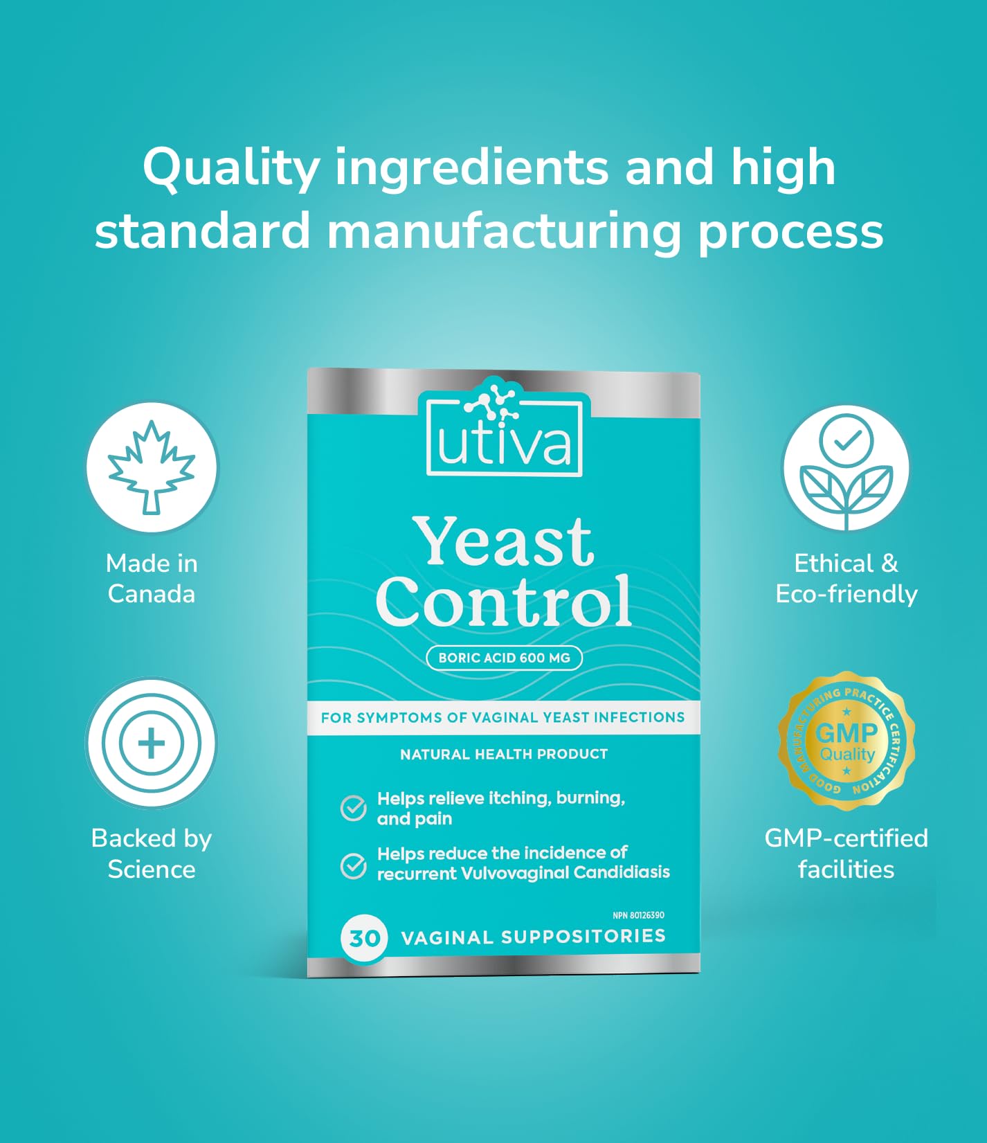Utiva - Suppositoires vaginaux à l'acide borique pour le contrôle des mycoses - 30 suppositoires