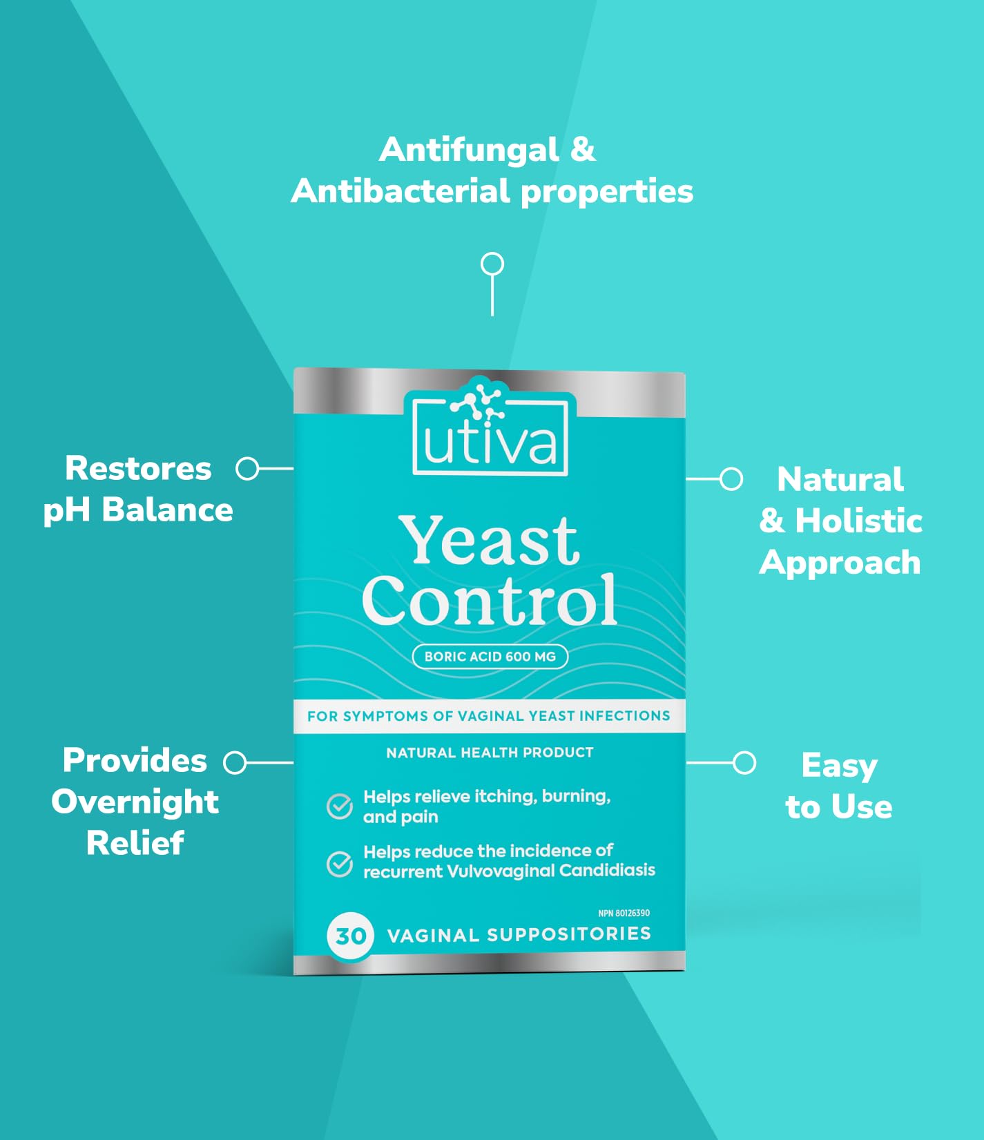Utiva - Suppositoires vaginaux à l'acide borique pour le contrôle des mycoses - 30 suppositoires