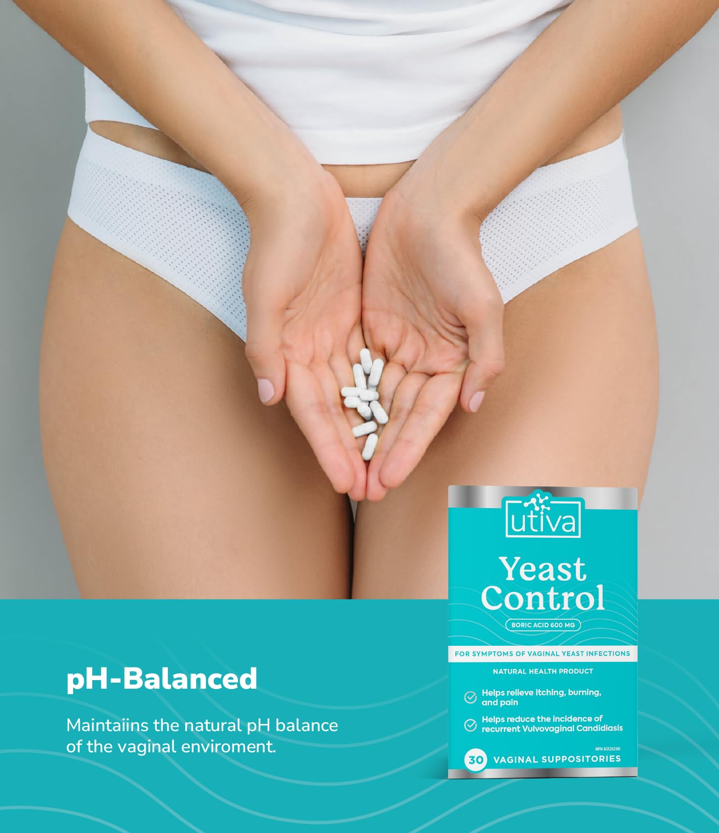 Utiva - Suppositoires vaginaux à l'acide borique pour le contrôle des mycoses - 30 suppositoires