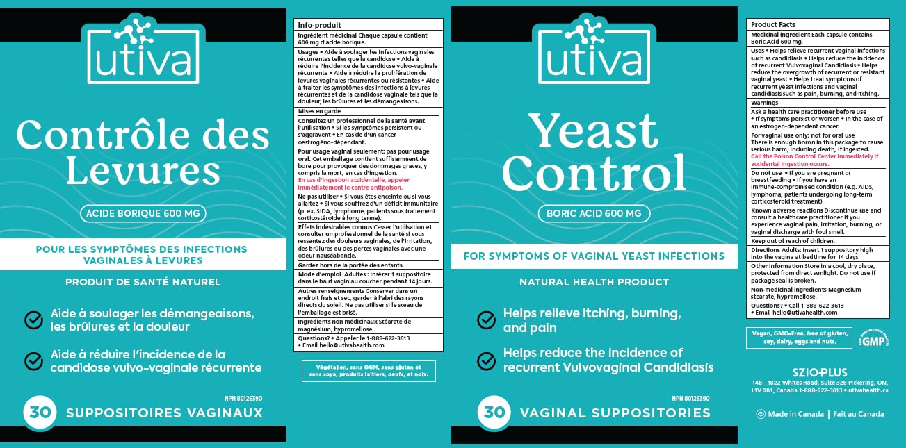 Utiva - Suppositoires vaginaux à l'acide borique pour le contrôle des mycoses - 30 suppositoires