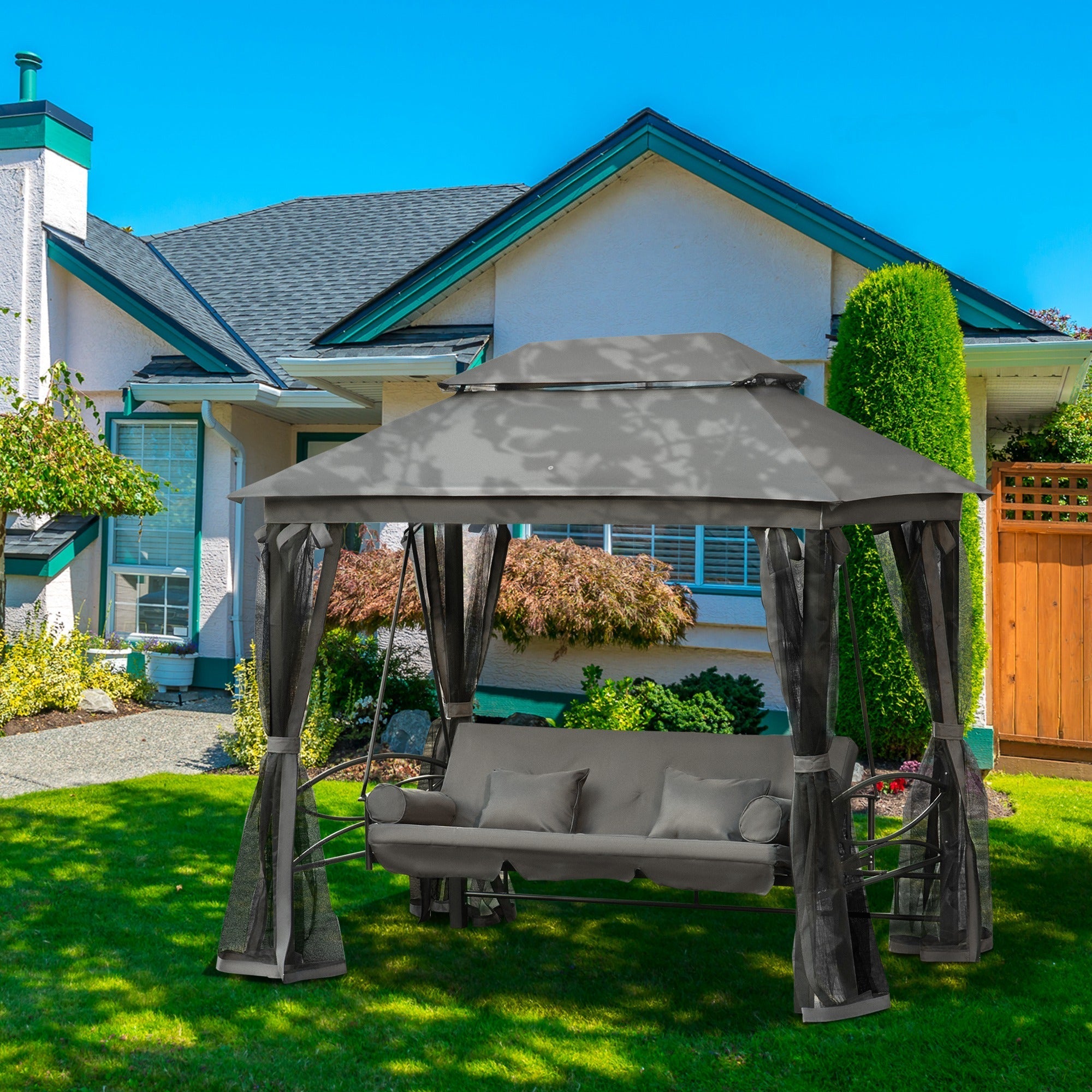 Outsunny 3 Person Outdoor Patio Daybed 3 in 1 Canopy Gazebo Swing Chair Garden Hammock with Mesh Mosquito Net and Sun Shade Grey