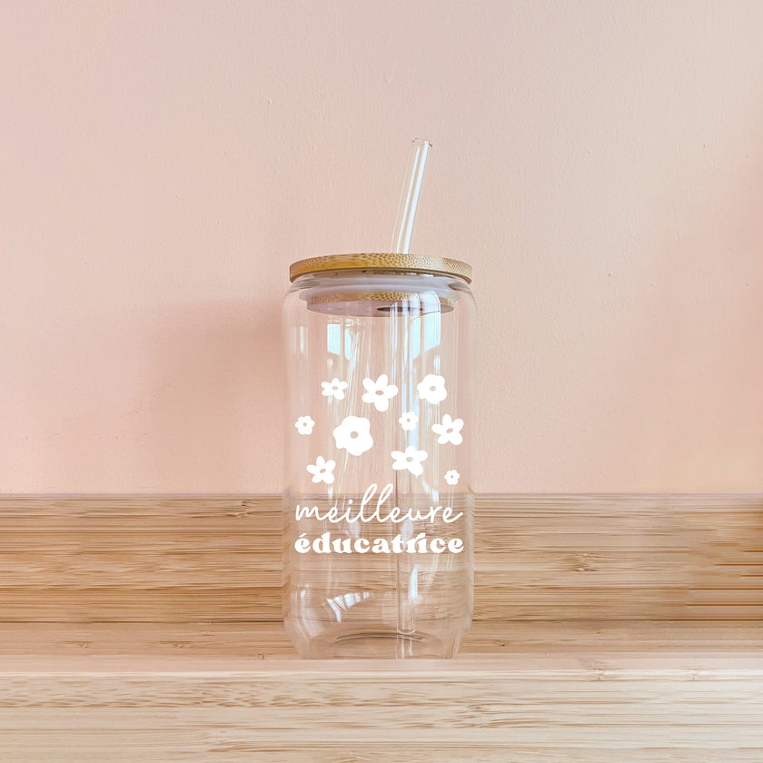 Verre - meilleure éducatrice fleurs blanches