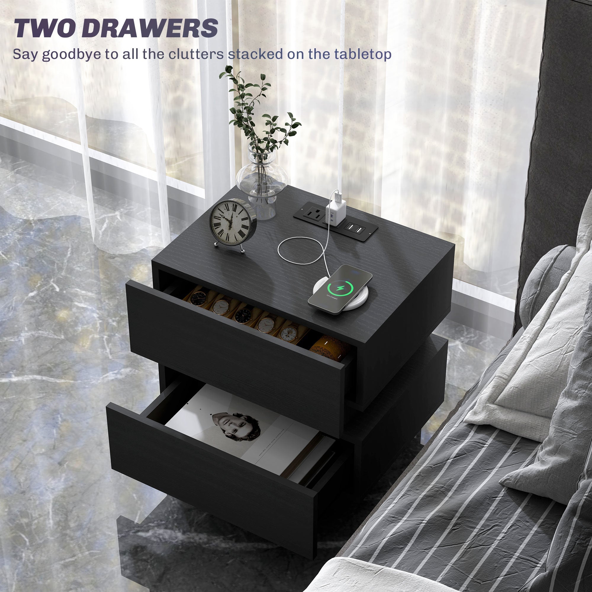Emma Bedside Table with Charging Station, USB Ports and LED Light-Black