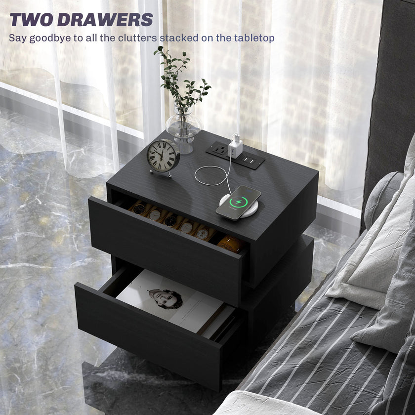 Emma Bedside Table with Charging Station, USB Ports and LED Light-Black