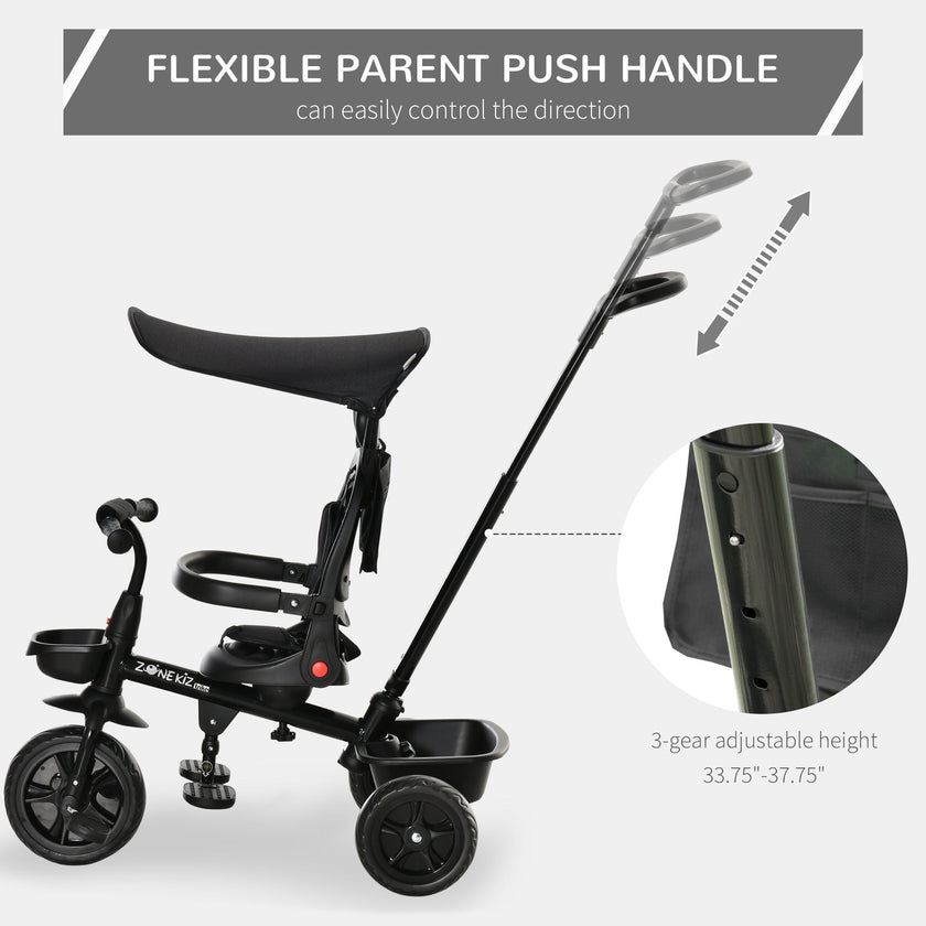 Qaba 4-in-1 Baby Tricycle Stroller with Reversible Seat, Adjustable Handle, Canopy, Safety Belt, Storage - Black