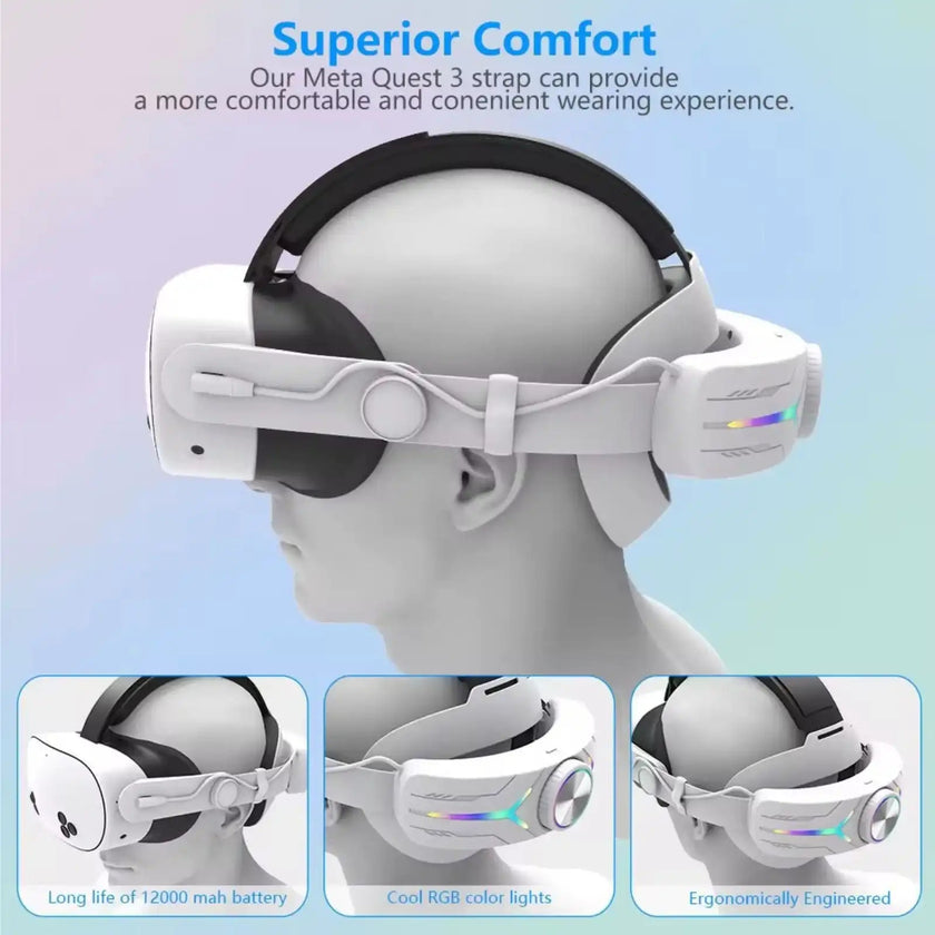 VR Meta Head Strap 12,000mAh Battery | RGB Lighting for Meta Quest 3/3S Adjustable for VR Gaming |C2 Pro TUTT