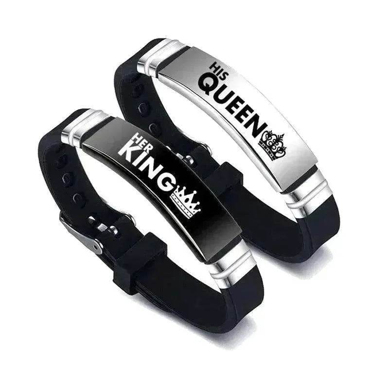 Valentine's Day Black Silver Her King His Queen Couple Bracelets
