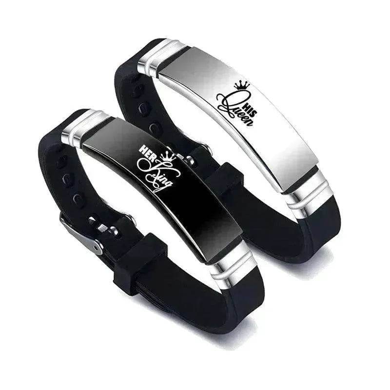 Valentine's Day Black Silver Her King His Queen Couple Bracelets