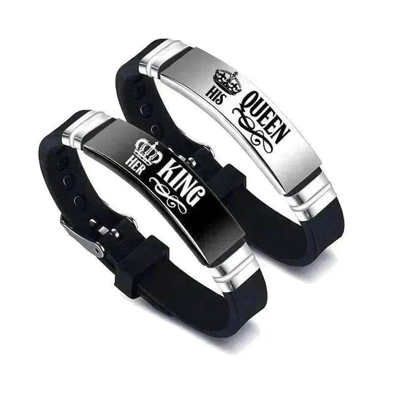 Valentine's Day Black Silver Her King His Queen Couple Bracelets