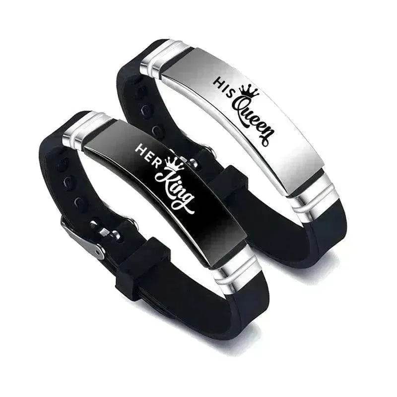Valentine's Day Black Silver Her King His Queen Couple Bracelets