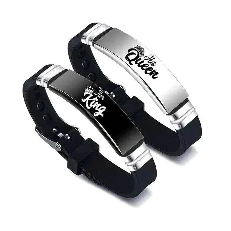 Valentine's Day Black Silver Her King His Queen Couple Bracelets