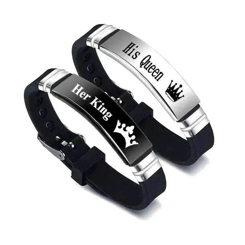 Valentine's Day Black Silver Her King His Queen Couple Bracelets