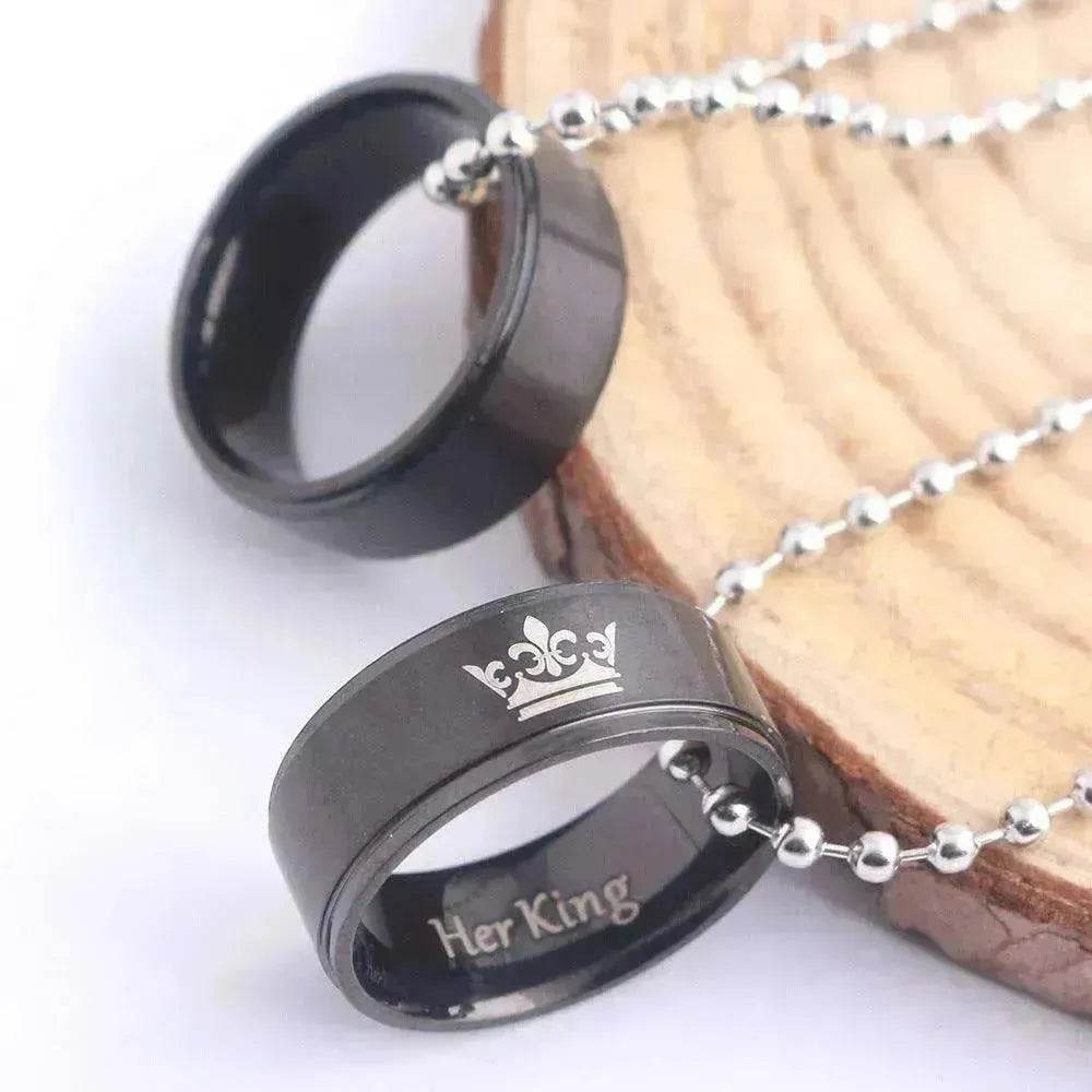 Valentine's Day Simple Crown Her King His Queen Couple Ring Pendant Necklace