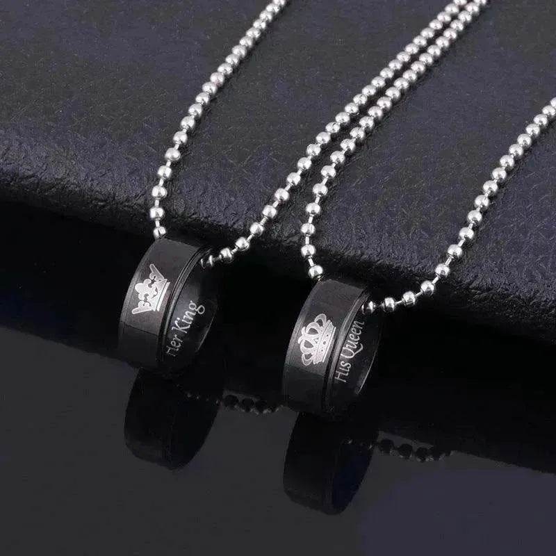 Valentine's Day Simple Crown Her King His Queen Couple Ring Pendant Necklace