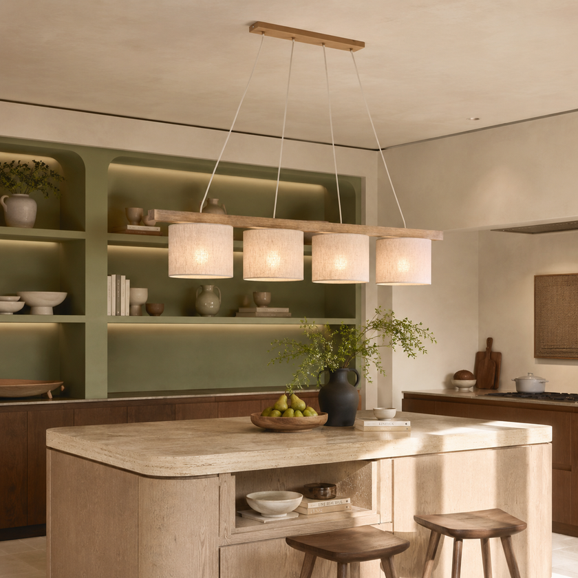 VARO Scandinavian Wood & Linen Pendant Light for Kitchen Island & Dining Table
