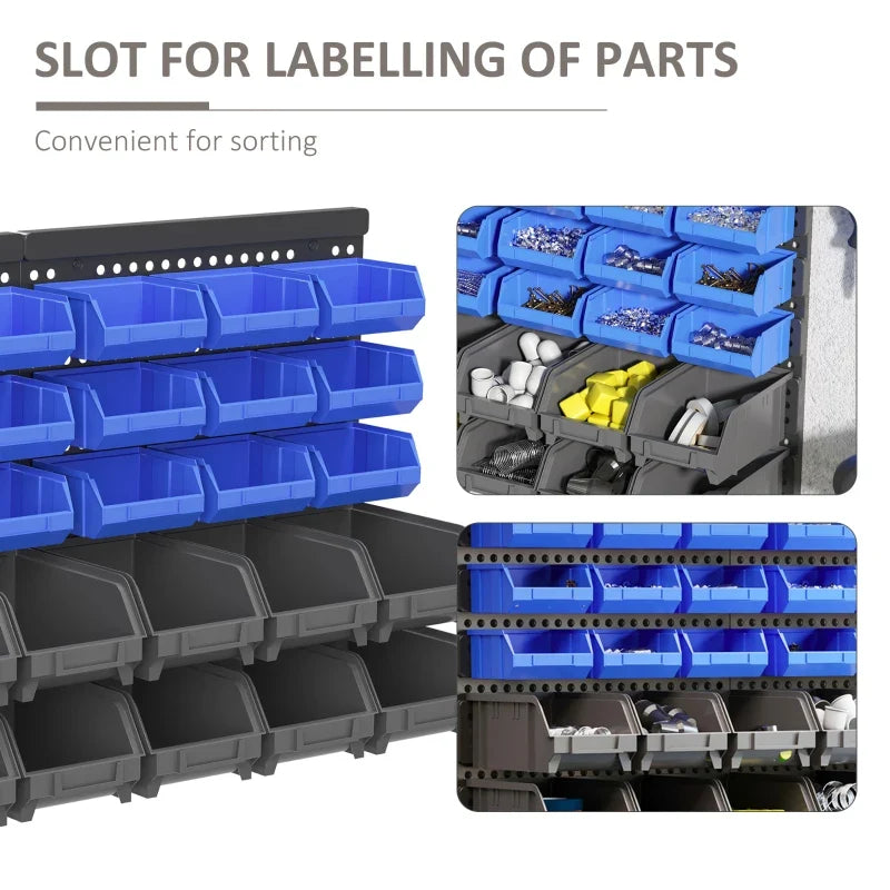 Wall Mounted Storage Bin Rack Tool Organizer with 30 Bins, Pegboard for Garage Workshops Blue