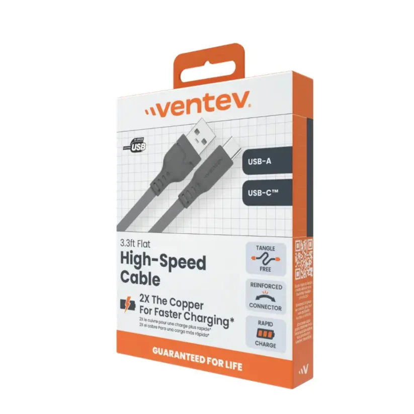 Ventev - Charge & Sync USB-C to USB-A Cable 3.3ft Flat High Speed - Gray