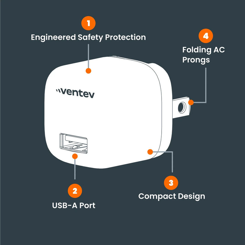 Ventev - Chargeur mural 1 port 12W 2.4 amp USB-A - Blanc