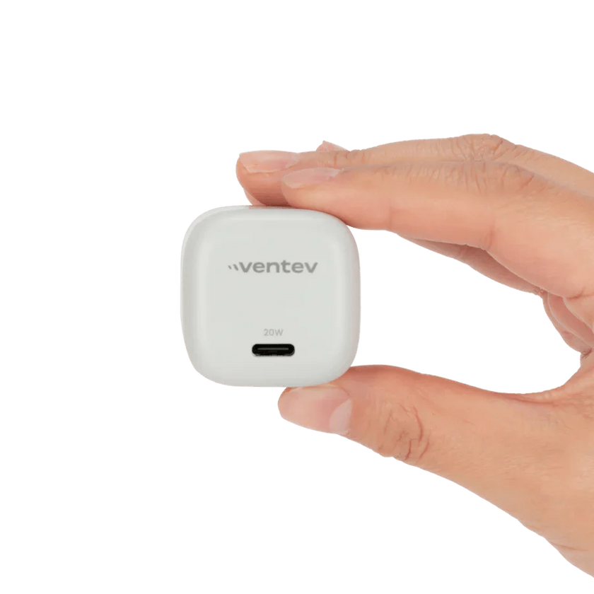 Ventev - Wall Charger Mini 1 Port 20W USB-C Power Delivery Foldable Prongs Rapid Charge - Whte & Grey