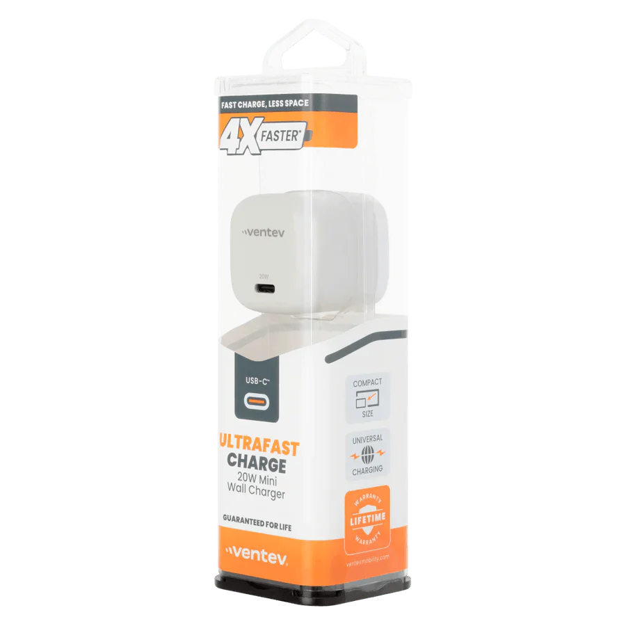 Ventev - Wall Charger Mini 1 Port 20W USB-C Power Delivery Foldable Prongs Rapid Charge - Whte & Grey