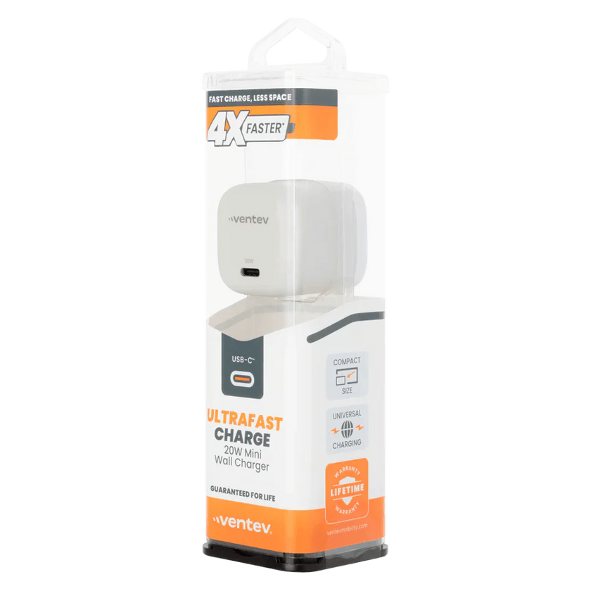 Ventev - Wall Charger Mini 1 Port 20W USB-C Power Delivery Foldable Prongs Rapid Charge - Whte & Grey