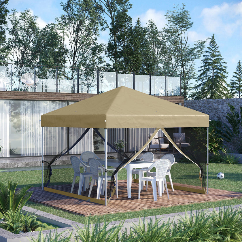 Outsunny 10' x 10' Pop-Up Party Tent Outdoor Canopy Tent with Mesh Sidewalls, 3-Level Adjustable Height, Roller Bag, Khaki