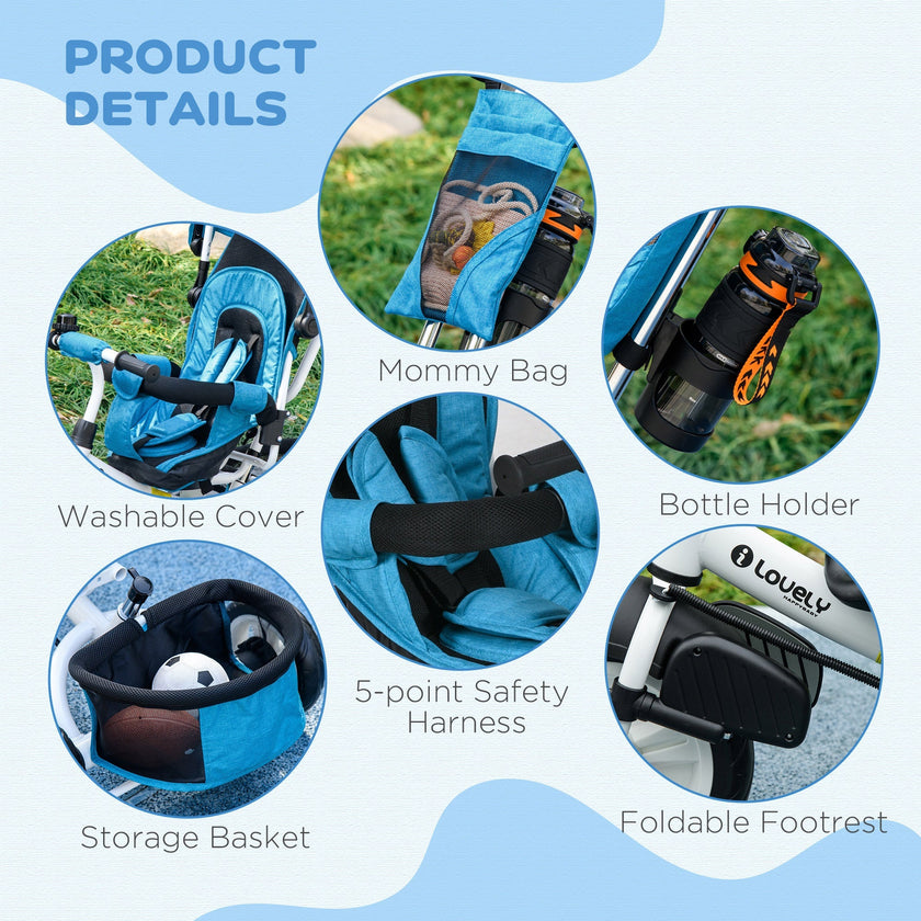 Qaba Convertible 4-in-1 Toddler Tricycle with Parent Handle for Kids 1-5 Years Outdoor Play Blue