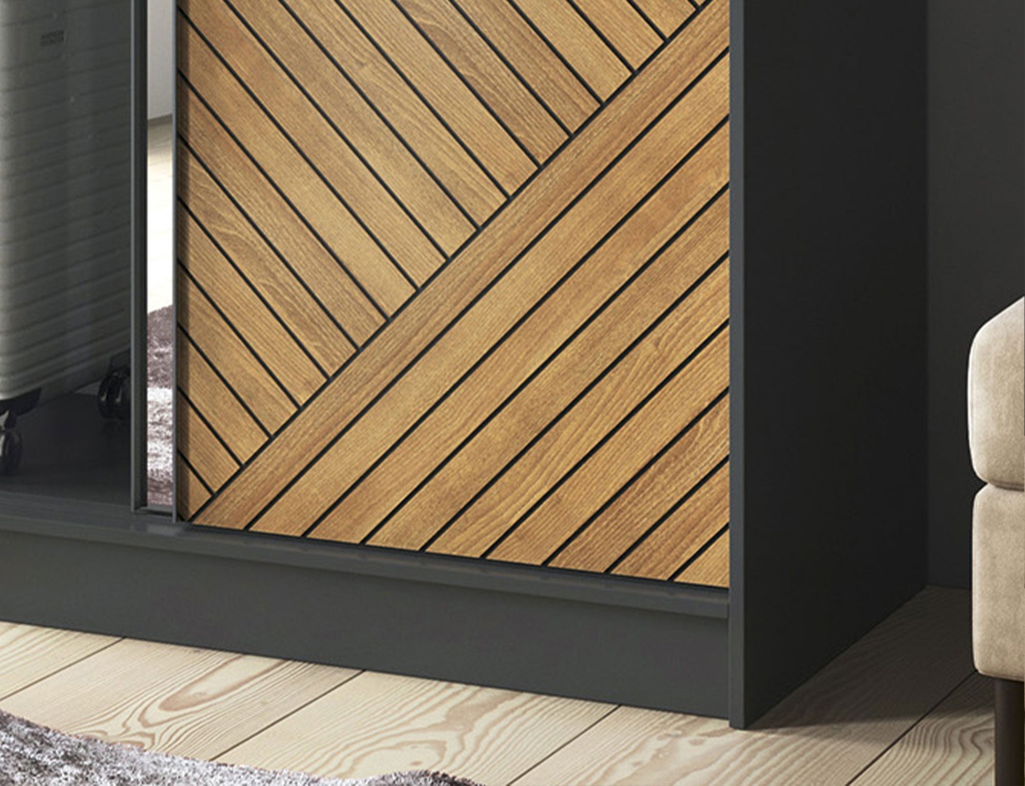 Marrphy Mirrored 2 Sliding Door Freestanding Wardrobe - Black/Oak Caramel