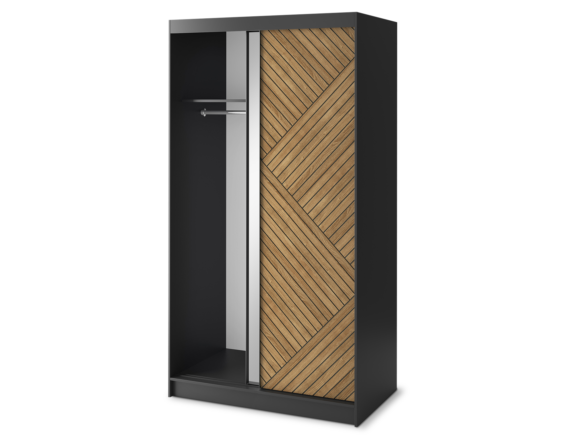 Marrphy Mirrored 2 Sliding Door Freestanding Wardrobe - Black/Oak Caramel