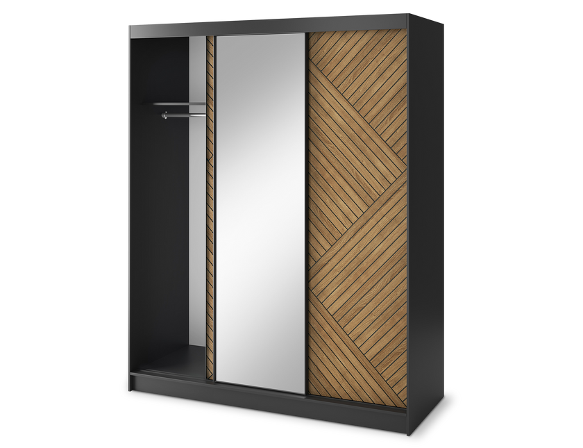 Marrphy Mirrored 3 Sliding Door Freestanding Wardrobe - Black/Oak Caramel
