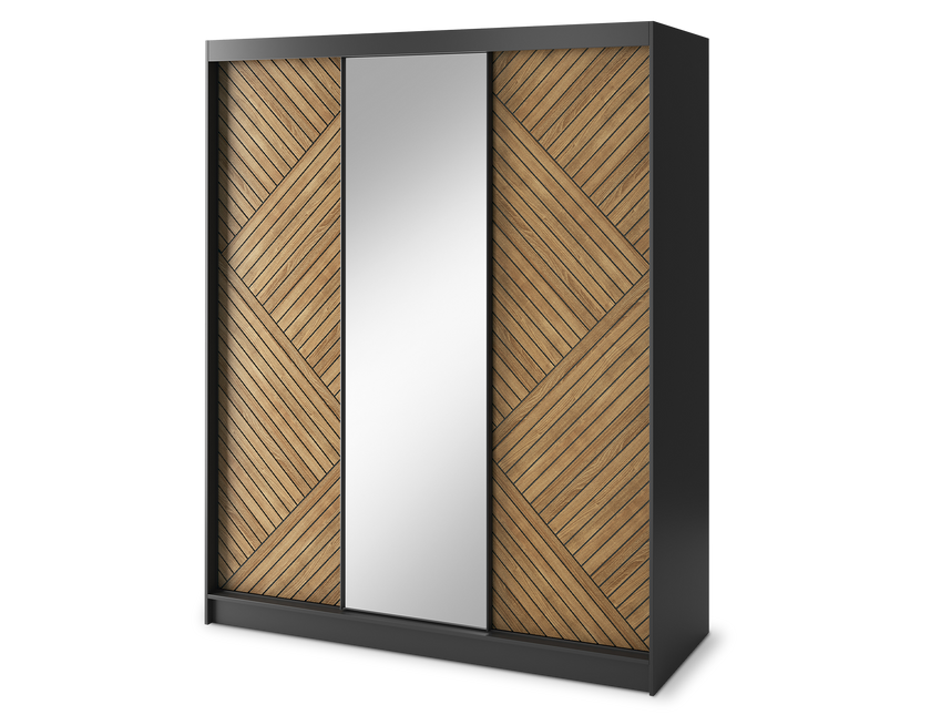 Marrphy Mirrored 3 Sliding Door Freestanding Wardrobe - Black/Oak Caramel