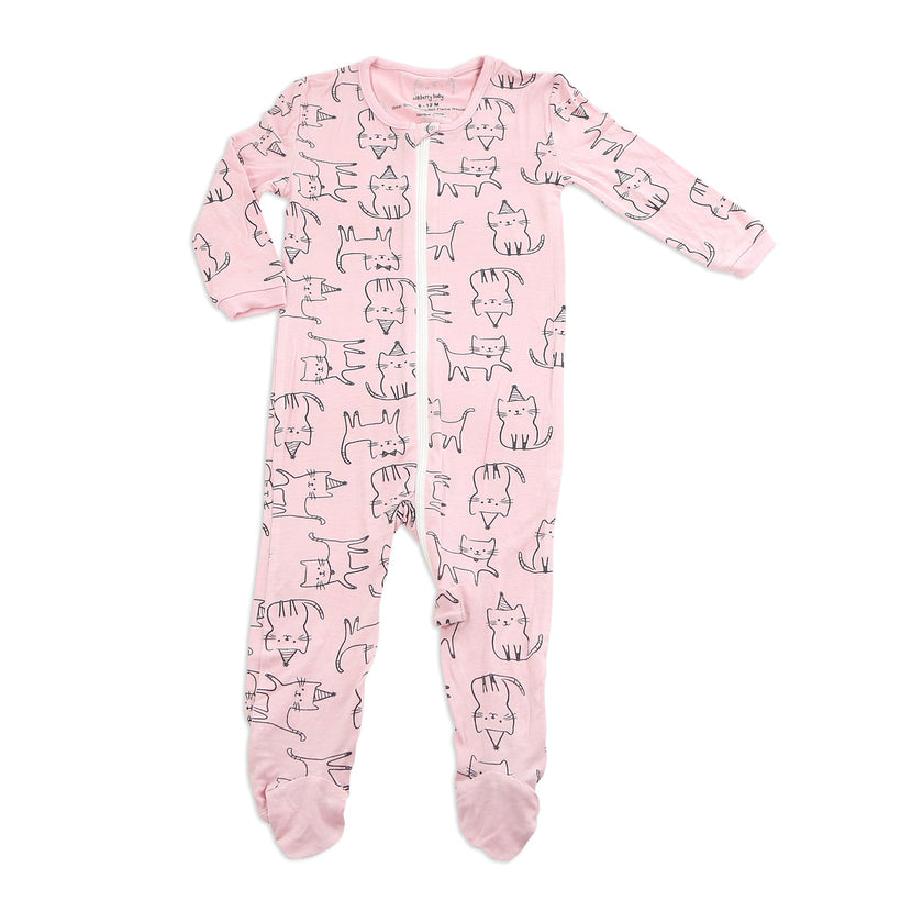 Bamboo Printed Footies with Easy Dressing Zipper - Cat Print (Blossom)