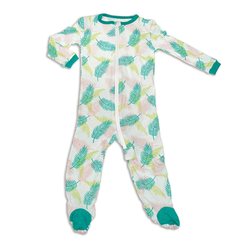 Pyjama à pieds en bambou avec fermeture éclair (motif palmier tropical)