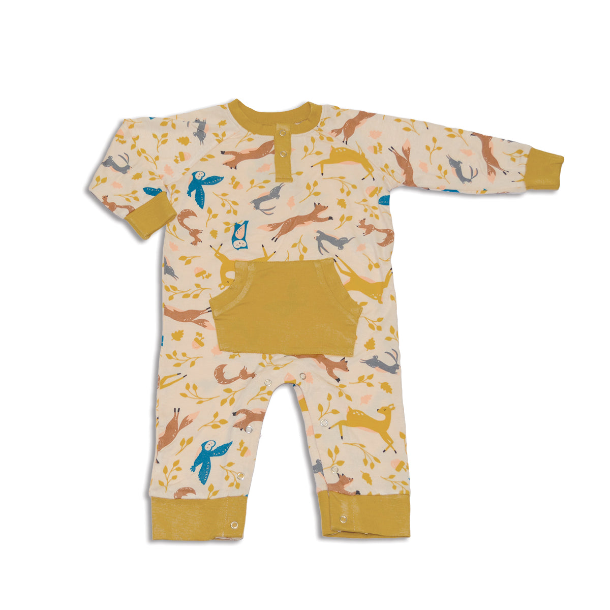 Combinaison à manches longues en bambou avec poche kangourou (motif Woodland Frolic)