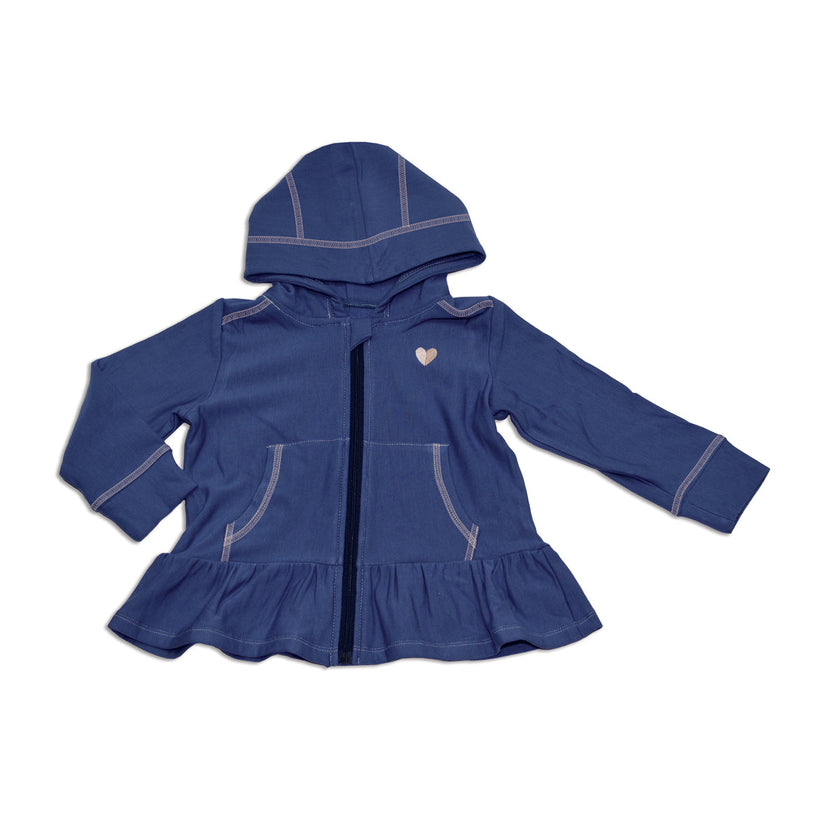 Sweat à capuche zippé en polaire de bambou avec volants (bleu galaxie)