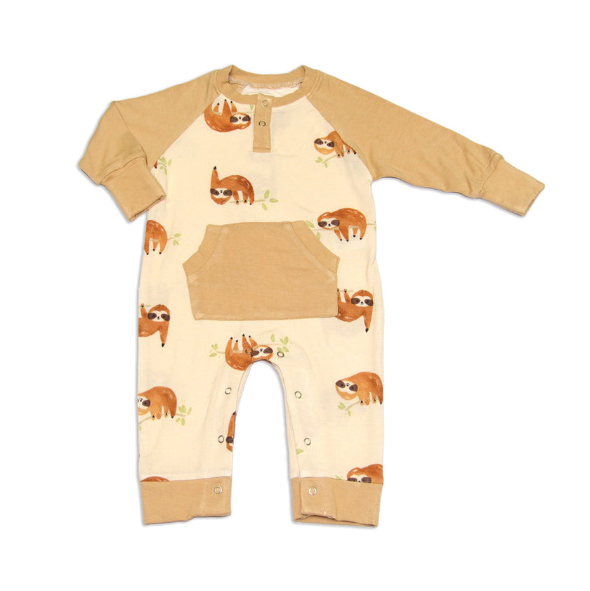 Combinaison à manches longues en bambou avec poche kangourou (motif paresseux endormi)