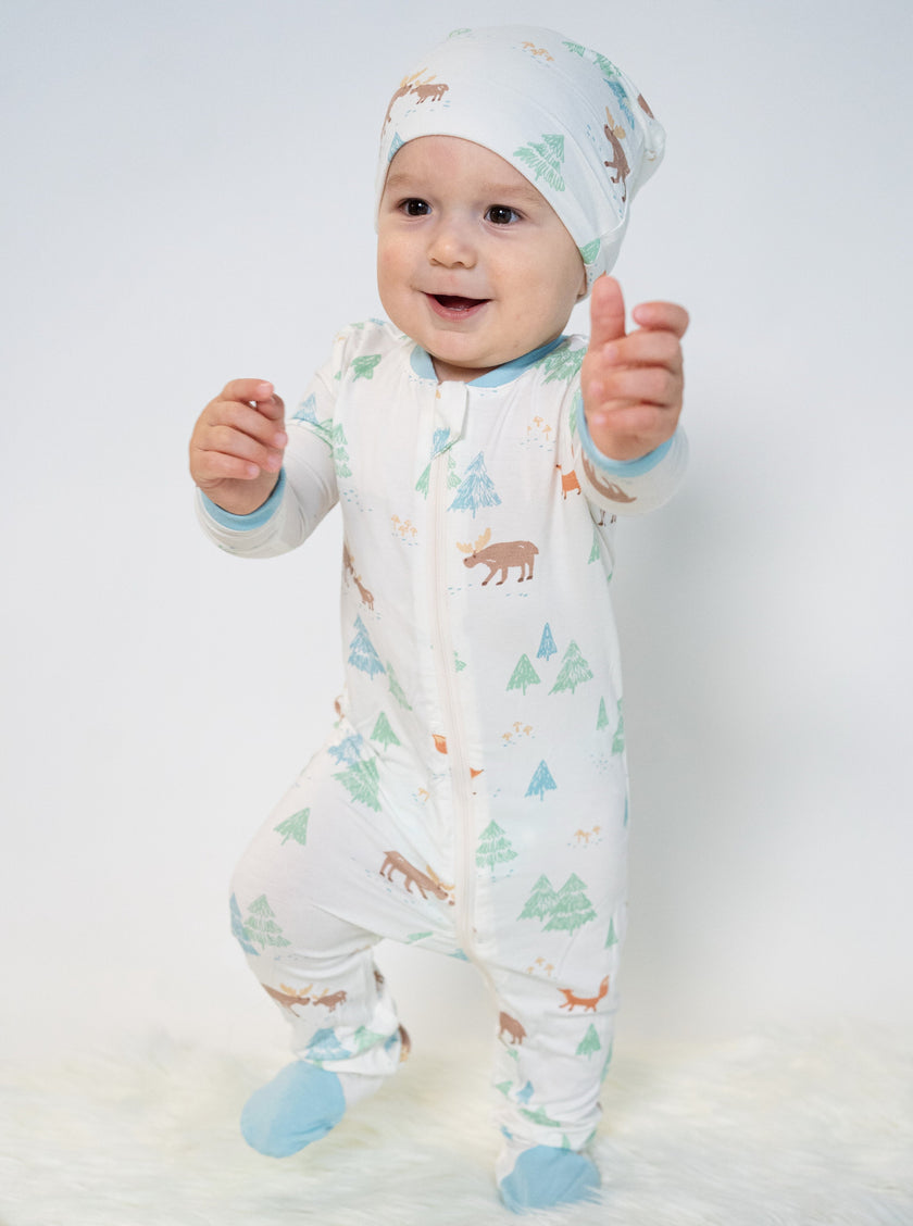 Chaussons en bambou avec fermeture éclair double sens (motif Moose Woods)