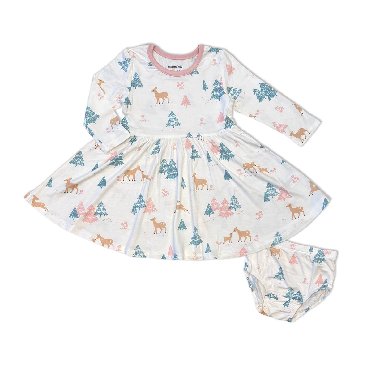 Robe longue à manches évasées en jersey de bambou avec culotte intégrée (imprimé forêt de cerfs)