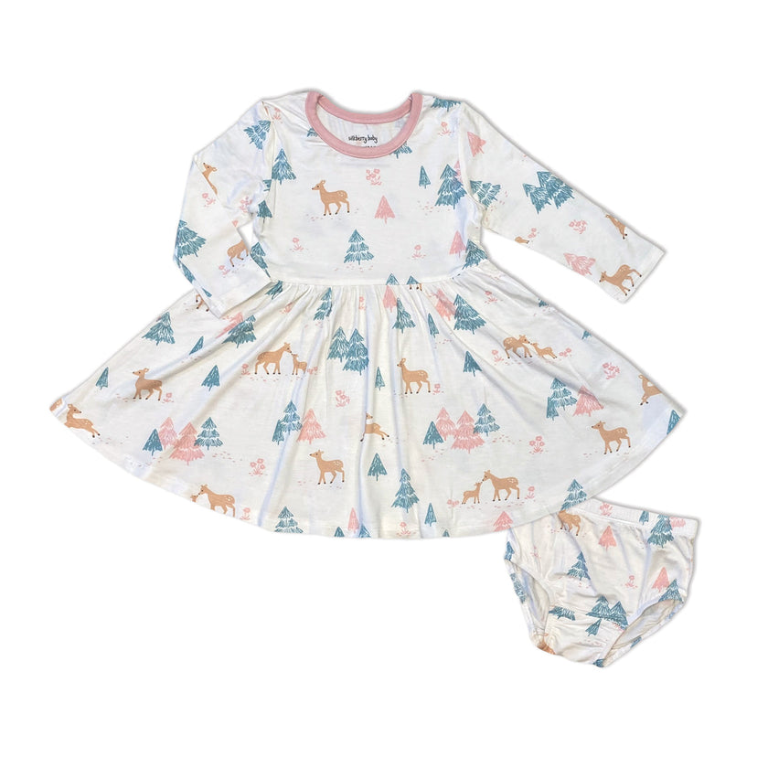 Robe longue à manches évasées en jersey de bambou avec culotte intégrée (imprimé forêt de cerfs)